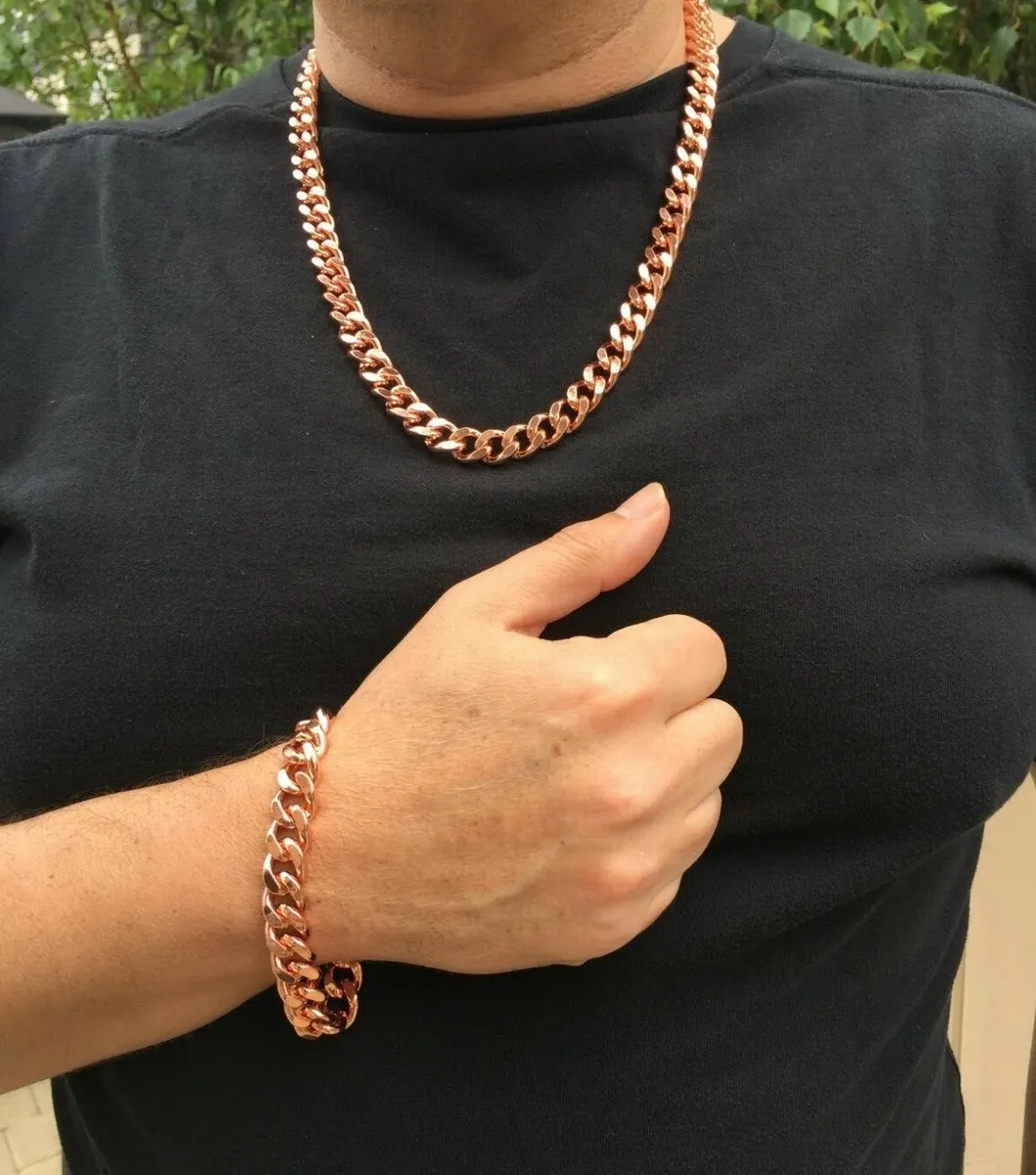 Pure Solid Copper Cuban Chain Bracelet / Necklace Set Curb Link Rider  Arthritis