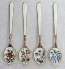 BIRMINGHAM STERLING SILVER WHITE ENAMELED GOLD WASHED 3 3/4" DEMITASSE SPOONS