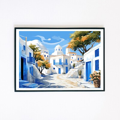 Mediterrane Stadt Landschaft Grafik Illustration A4 Wanddeko Kunstdruck