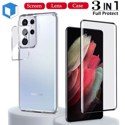 For Samsung Galaxy S21 S22 S23 5G Tempered Glass Screen Film+Lens  Protector+Case