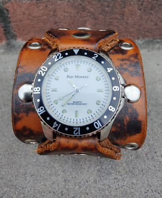 Red Monkey Designs GMT bezel Analog Quartz Brown Wide Leather Cuff Men's Watch