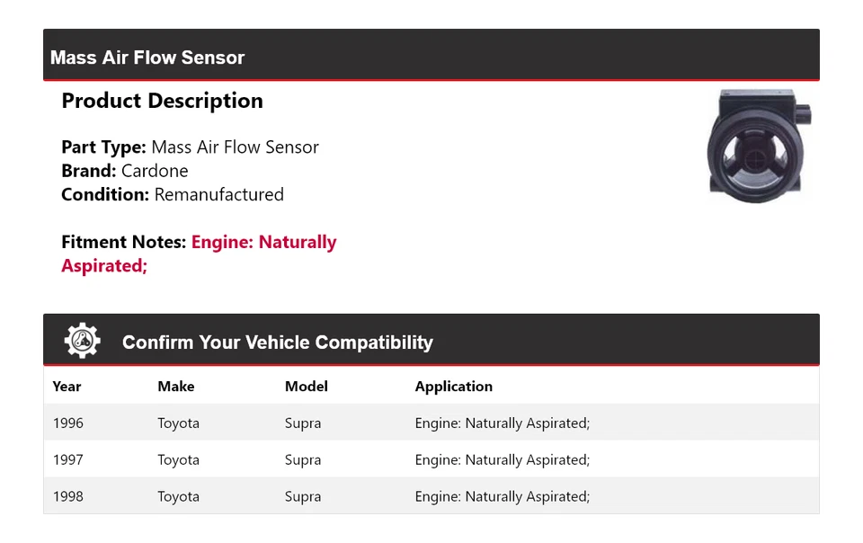 Sensor de flujo de aire másico cardone 1997 1997 para Toyota Supra 1996-1998 Foto 2 de 4