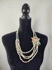 Vtg Double Strand Stone Bead Beaded Shell Inlay Flower Necklace Costume Jewelry