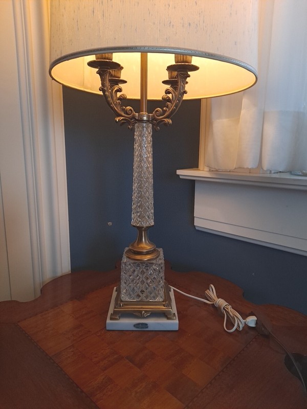 Vintage Italian Lead Cut Crystal&Marble Candelabra Lamp Rococo Hollywood Regency