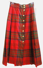   100 Wool Pleated Skirt Red Royal Tartan Plaid S XS Small Waist 24in, Lg32   