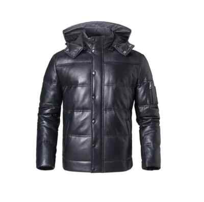 Mens Puffer Jacket soft lambskin leather bomber jacket Black Double pocket Coat