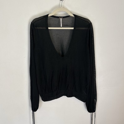 Free People Rock Steady Black Long Sleeve V Neck Blouse Large NWT - Desc