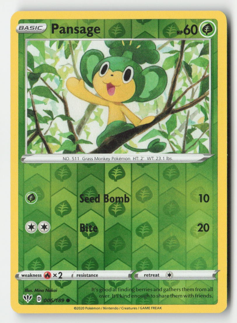 Pansage 006/189 Common Darkness Ablaze Pokemon Reverse Holo Lightly Played