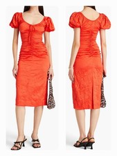 GANNI Ruched Satin Crinkled Stretch Bodycon Puff Sleeve Midi Dress Size 34/US 2