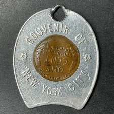 Souvenir of New York City Good Luck Penny Encased Coin 1950 Wheat Cent Horseshoe