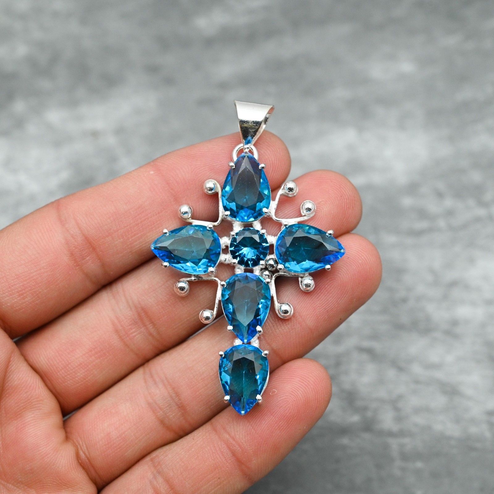 925 Sterling Silver Handmade Jewelry Blue Topaz Gemstone Cross Shape Pendant