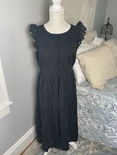 J.Crew Black Eyelet Dress Ruffle Sleeve Fit & Flare Summer Midi Women’s 10
