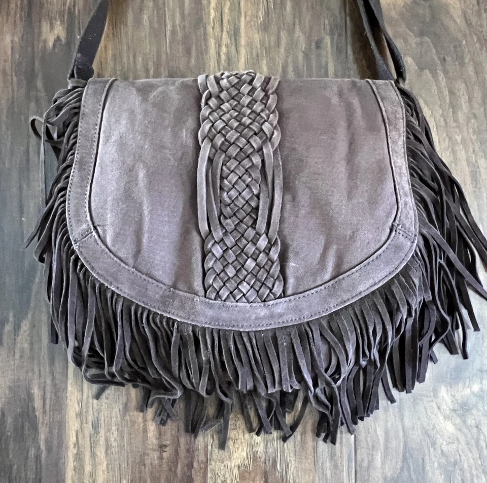 American Eagle Purse Bag w/ Leather Fringe Crossbody Brown Canvas #960634539 - Image 2 of 4
