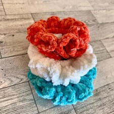 Hair Scrunchy Set of Three - coral orange, white, and aqua blue