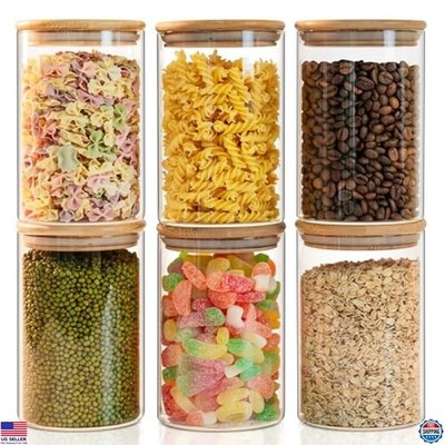 YUNCANG 50oz Glass Food Storage Jars Set of 6 - Airtight Bamboo Lids, Stackable