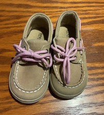 Sperry Topsiders Girls Youth 4M Tan Boat Shoes with Pink Plaid Lining Summertime