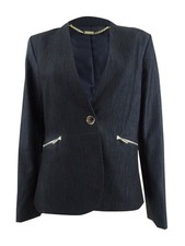 DKNY Women's Collarless Denim One-Button Jacket 2, Navy 795733257097