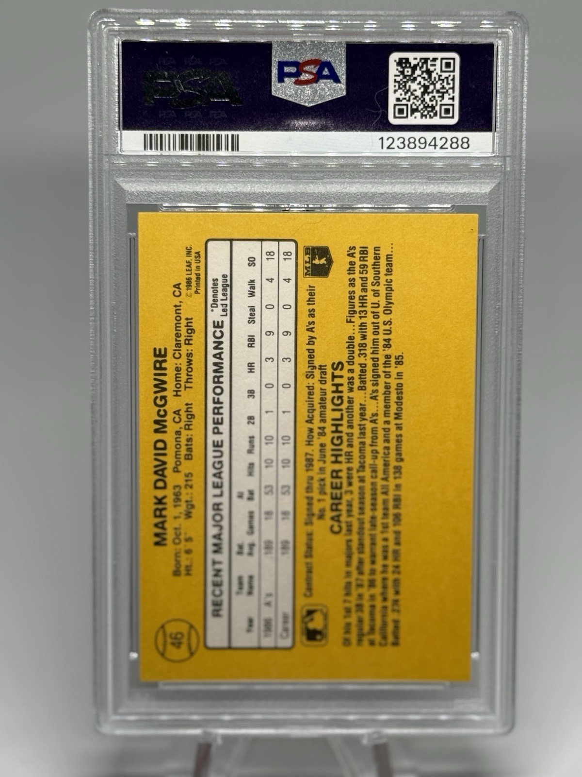 1987 Donruss Rated Rookie Mark McGwire #46 Autographed PSA 9 Auto 10 Athletics view 2