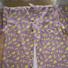 MCEDAR Men's M Purple Yellow Banana Print Button-Up Shirt Short Sleeve Pocket