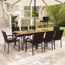 9PCS Patio Dining Set w/79" Rectangular Dining Table  8 Stackable Rattan Chairs