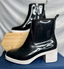 KATE SPADE Black & White Puddle Heeled Waterproof Rain Snow Boots Booties; SZ 6