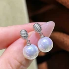 gorgeous pair of  10mm south sea round white pearl dangle earring 925s（xy)