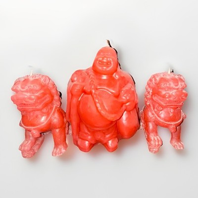 Lot of (3) Unused Candles red wax Laughing Buddha & Foo Dogs