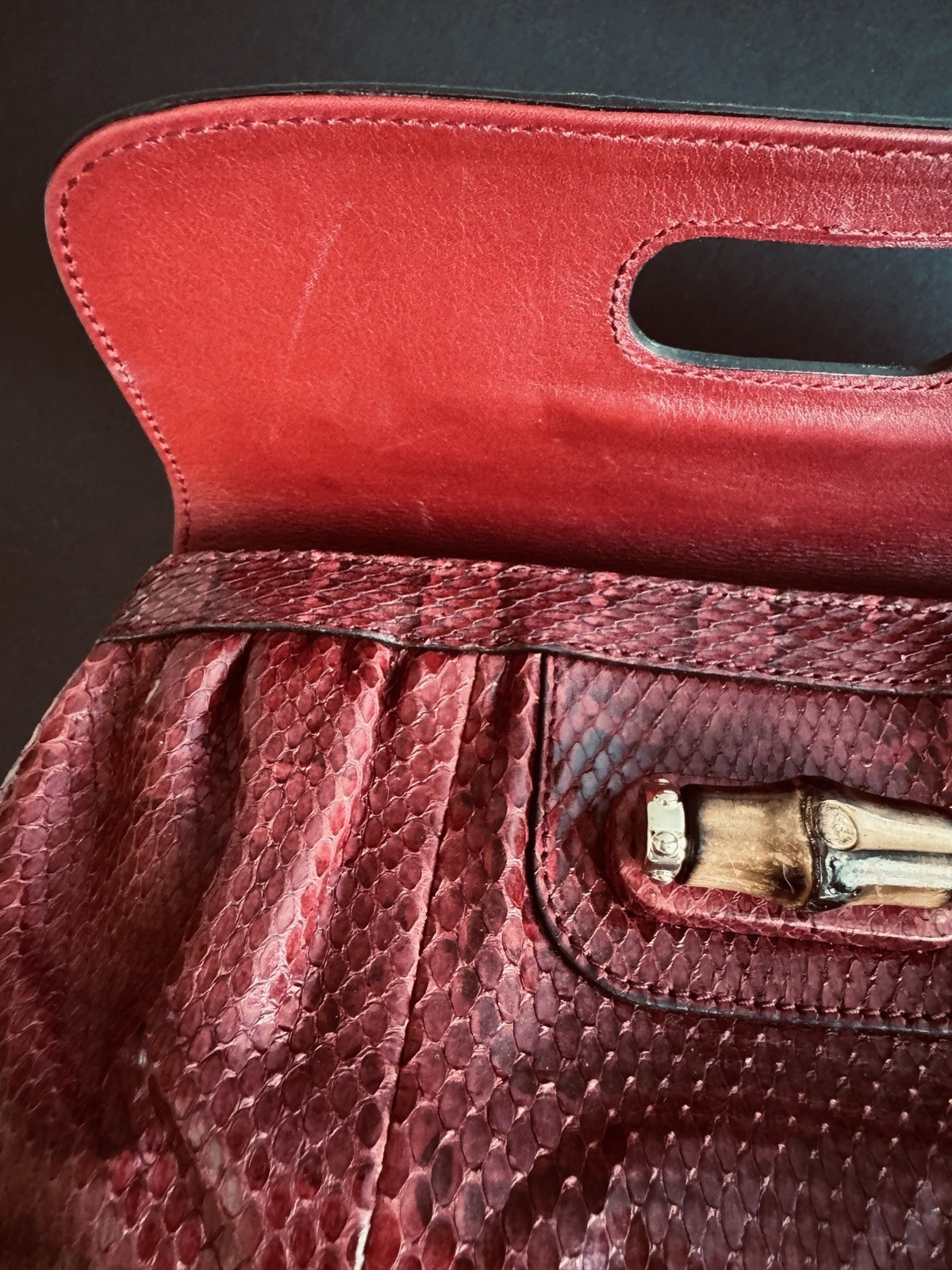 Gucci Bamboo red Snakeskin Leather Evening Clutch… - image 10