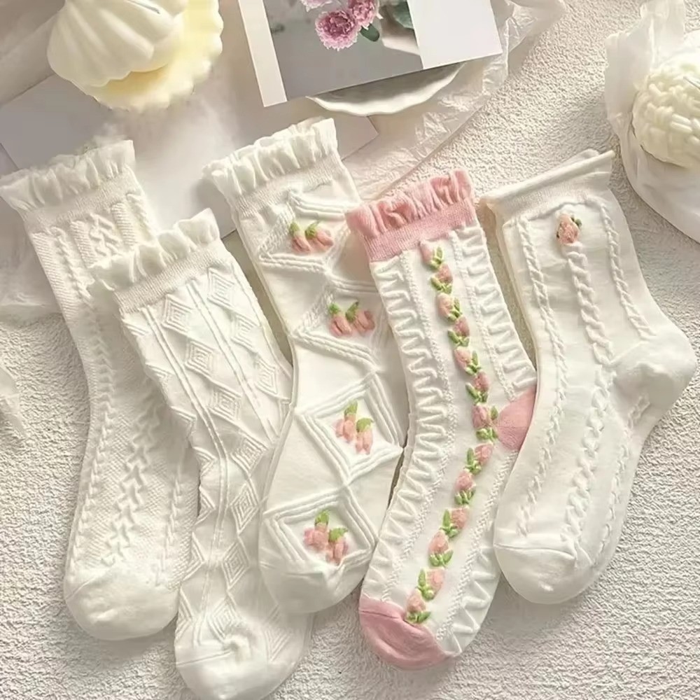 Women’s Flower Print Cotton Socks – Cozy 5-Pack for All Seasons