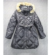 A Pea in the Pod | Long Black Quilted Puffer Hooded Belted Winter Coat Size S