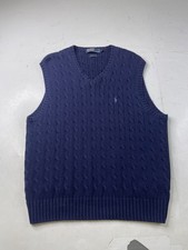 Vintage Polo Ralph Lauren Mens Cable Knit Sweater Vest Large Navy Blue Preppy