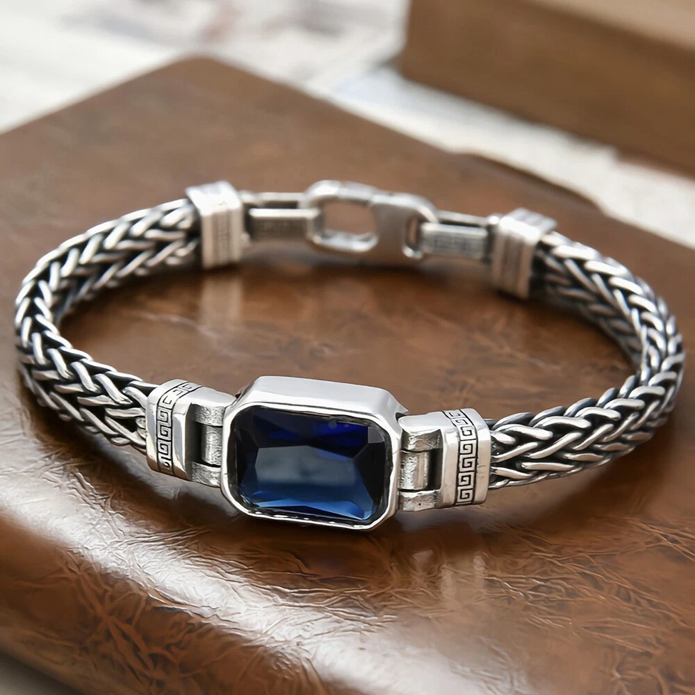 Real Solid 925 Sterling Silver Bracelet Braided Twist Chain CZ Punk Jewelry 7.9
