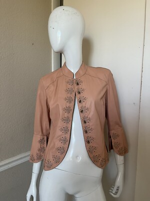 ROBERTO CAVALLI Peach 100% Leather Gold Embroidered Buttoned Crop Jacket Sz S