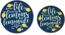 SET OF 2 TIN STEEL STOVETOP BURNER COVERS (1 - 10", 1 - 8") LIFE GIVES LEMONS,GR
