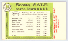 1958 Lake Hardware Gift Shop Sale Lake Grove OR Postcard Scotts Turf Builder