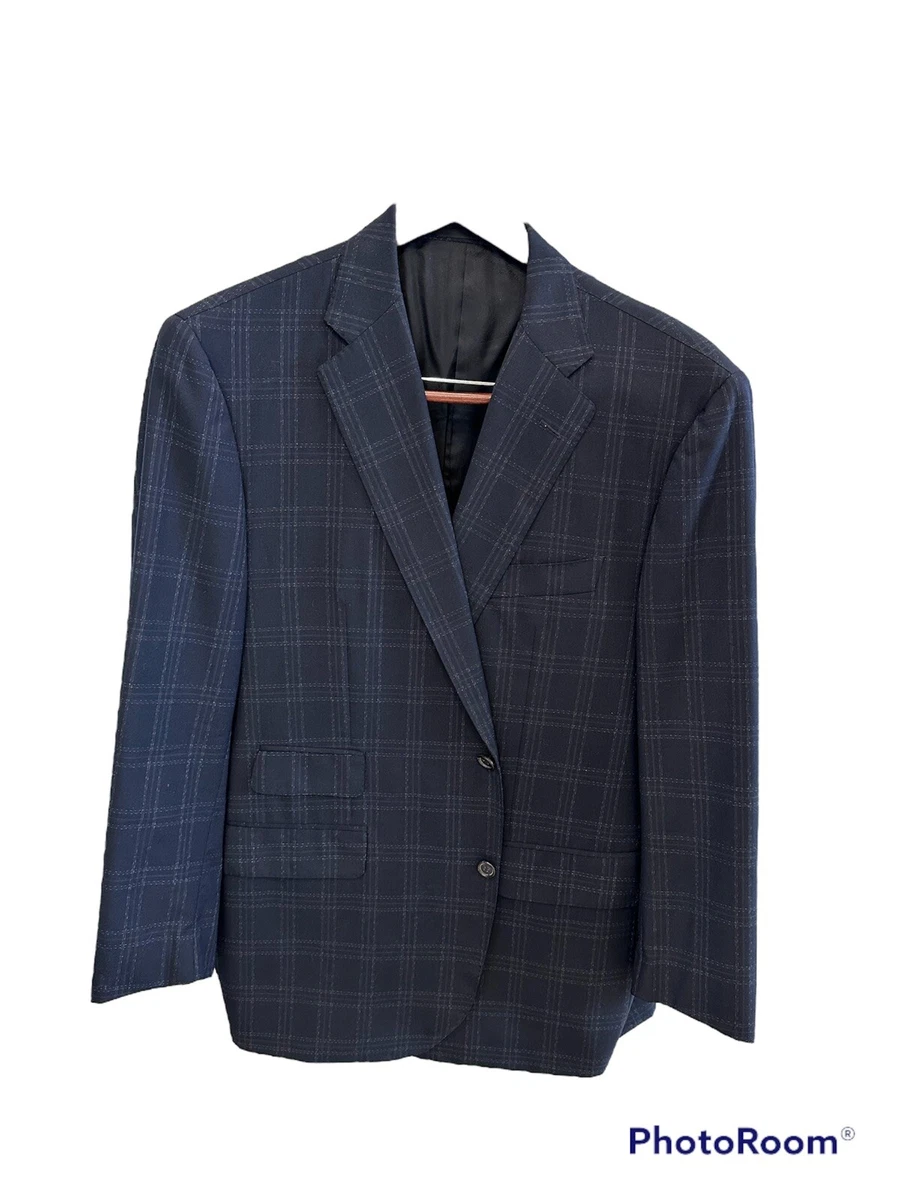 ALFRED DUNHILL OF LONDON BESPOKE SUIT 46R MADE IN ITALY BLACK W LIGHT PLAID