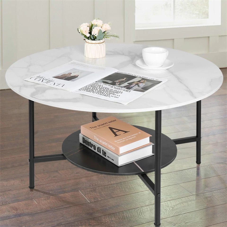 32" Large Italian Real Marble Coffee Table 2 Tier Round Center Table Living Room - Image 4 of 4