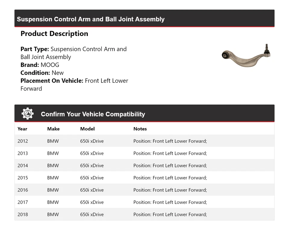 Brazo de control delantero izquierdo delantero inferior delantero MOOG 2012-2018 BMW 650i xDrive Foto 2 de 4