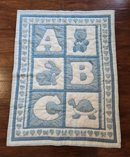 VTG Handmade Lightweight Quilt Baby Blanket ABC Bear Turtle Rabbit Blue READ