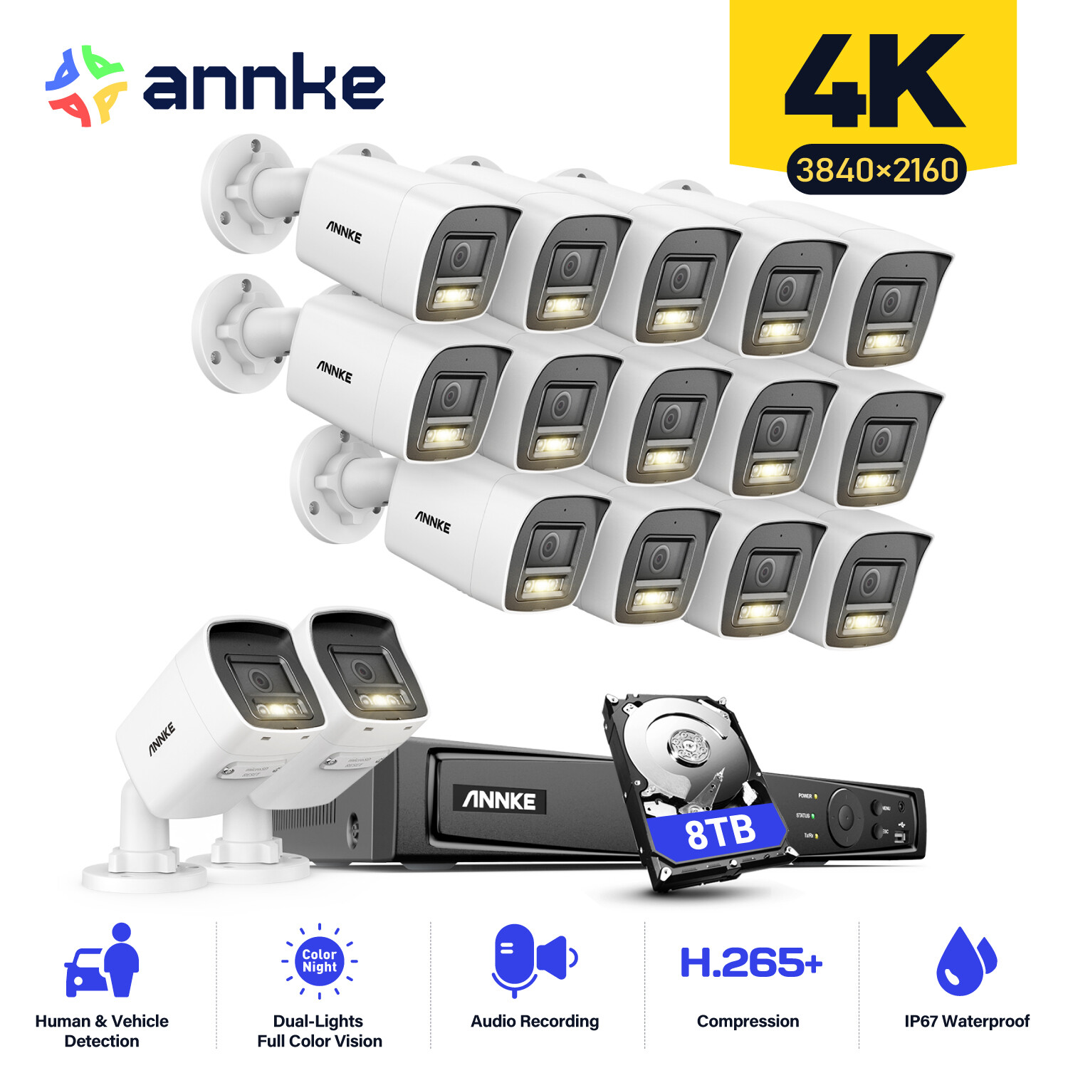 ANNKE 12MP 16CH NVR Color Night 4K Audio POE Security Camera System AI Detection