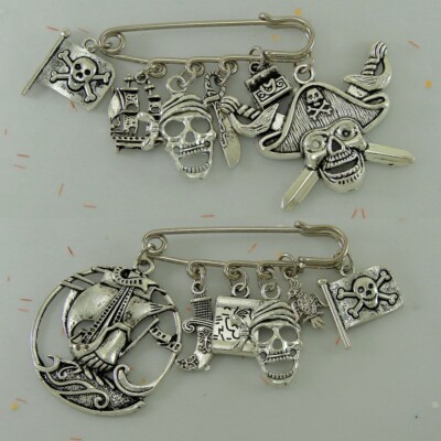 PIRATE Brooches, Ship,Flag,Knife,Map,Masks,Sword,Parrot,3-D Treasure Chest Charm