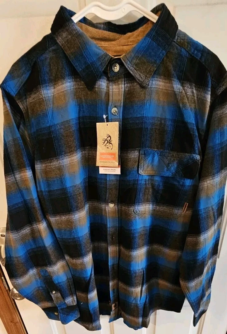 NWT Legendary Whitetails Flannel Blue Plaid Med Buck Camp Shirt Corduroy (QQ)