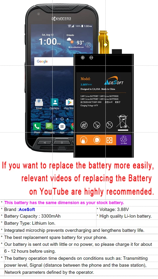 Herramientas de reparación de batería de larga duración de 3300 mAh para Kyocera Duraforce Pro E6830 Sprint Foto 2 de 3