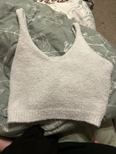 White Fuzzy Crop Tank Top Garage Women's M Furry Comfy Cute Slim Fit Flirty Sexy