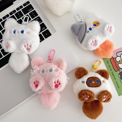 Squeak Long Tailed Cat Plush Keychain Cute Soft Stuffed Cat Keyring Bag Ornament