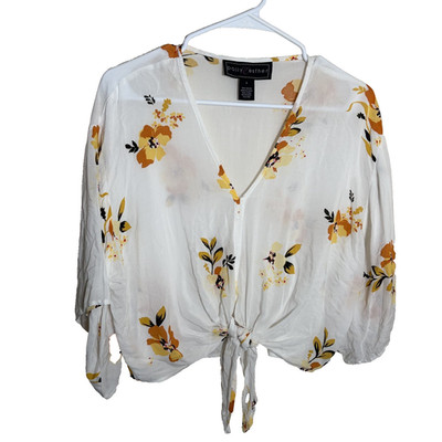 Polly Esther Blouse Women's Small V-Neck Tie Short Sleeve Lightweight Sheer