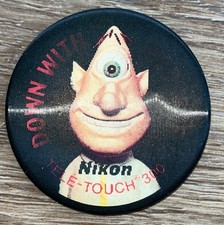 Nikon Camera Button Pinback Down With Red Eye Smiling Cyclops