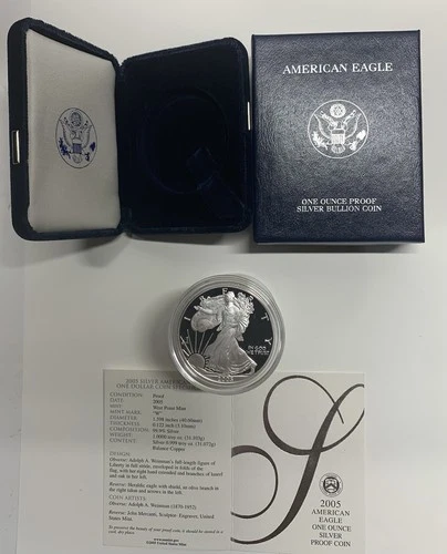 2005-W American Silver Eagle Proof 1 Troy oz .999 Fine Silver Coin in box w/COA