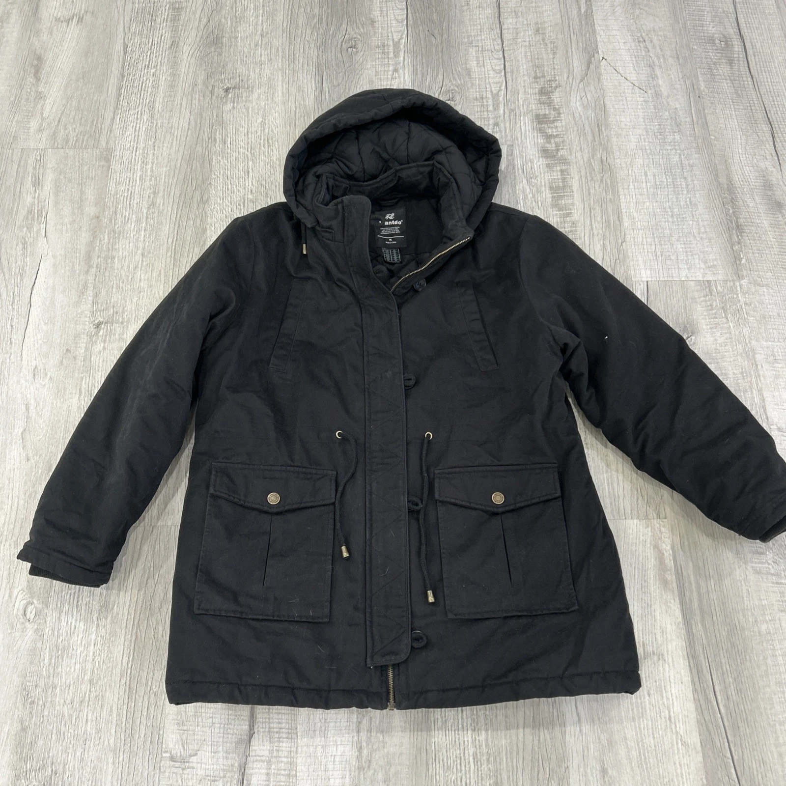 Wantdo Mens XL Hooded Black Coat Insulated Warm Zip Up Front Pockets Cinch