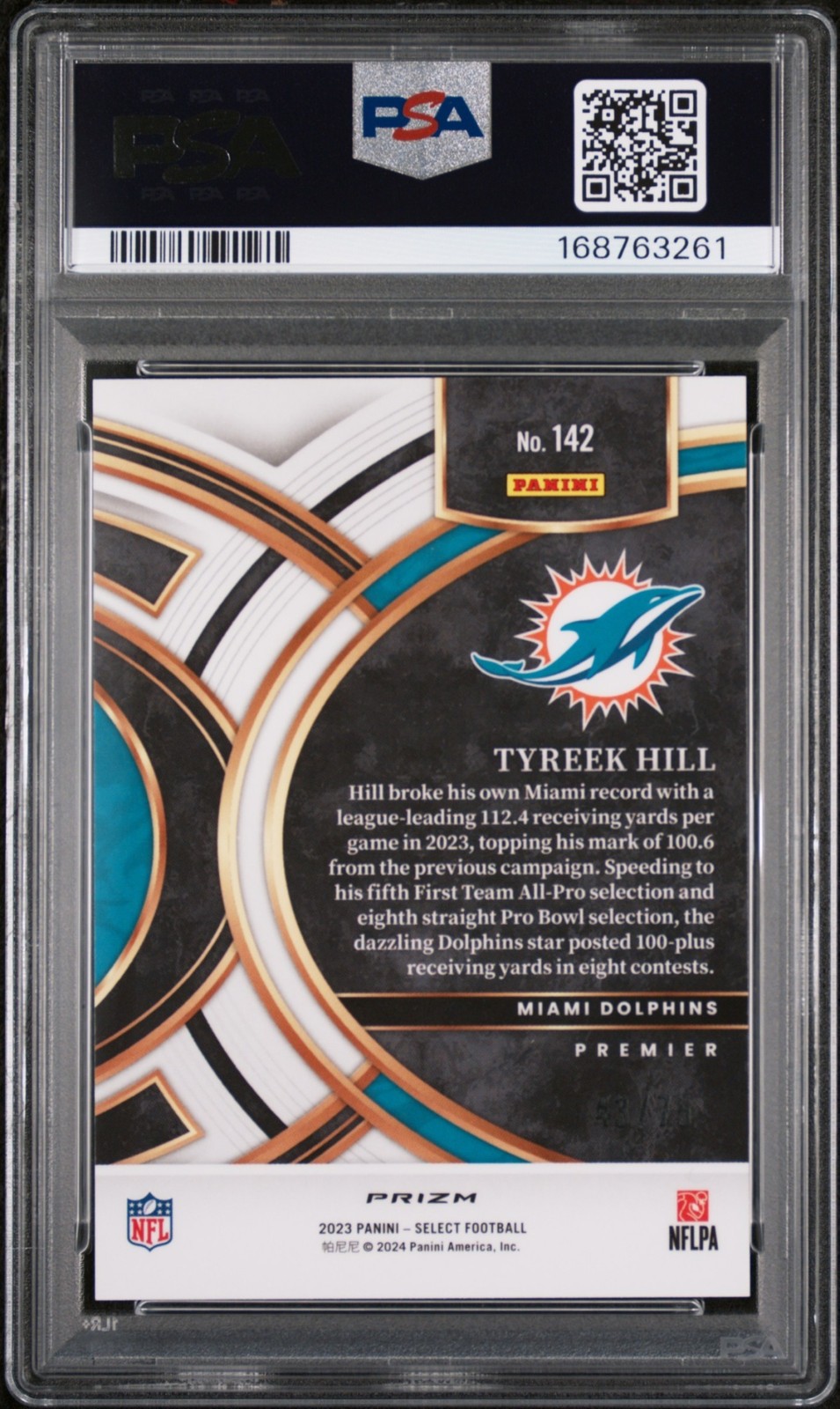 2023 Panini Select Tyreek Hill #142 Purple Prizm Premier Level /75 PSA 10 view 2